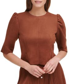 Puff-Sleeve Faux-Suede Cropped Top