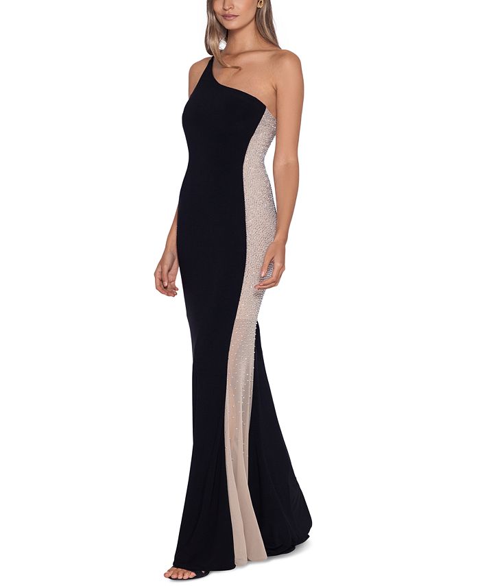 XSCAPE Women's One Shoulder Beaded Cape Gown Black Size 16W
