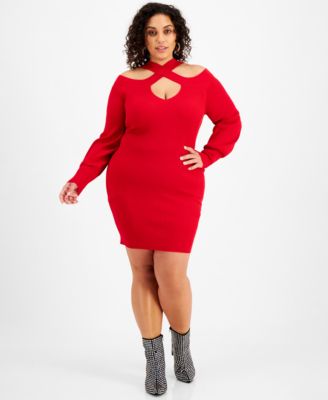 FULL CIRCLE TRENDS - Trendy Plus Size Crossover-Shoulder Ribbed Sweater Dress