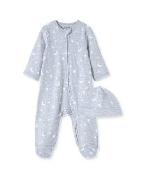 Little Me Kids' Baby Boys Moons And Stars Footed Coverall With Hat, 2 Piece Set In Gray