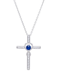 Blue Spinel (1/8 ct. t.w.) & Lab-Created White Sapphire (1/4 ct. t.w.) Cross 18" Pendant Necklace in Sterling Silver