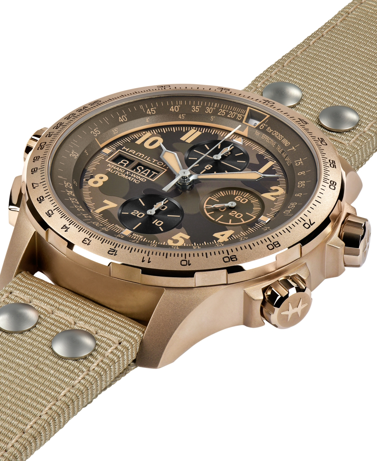 Hamilton Men's Swiss Automatic Chronograph Khaki Aviation X-Wind Beige Textile Strap Watch 45mm