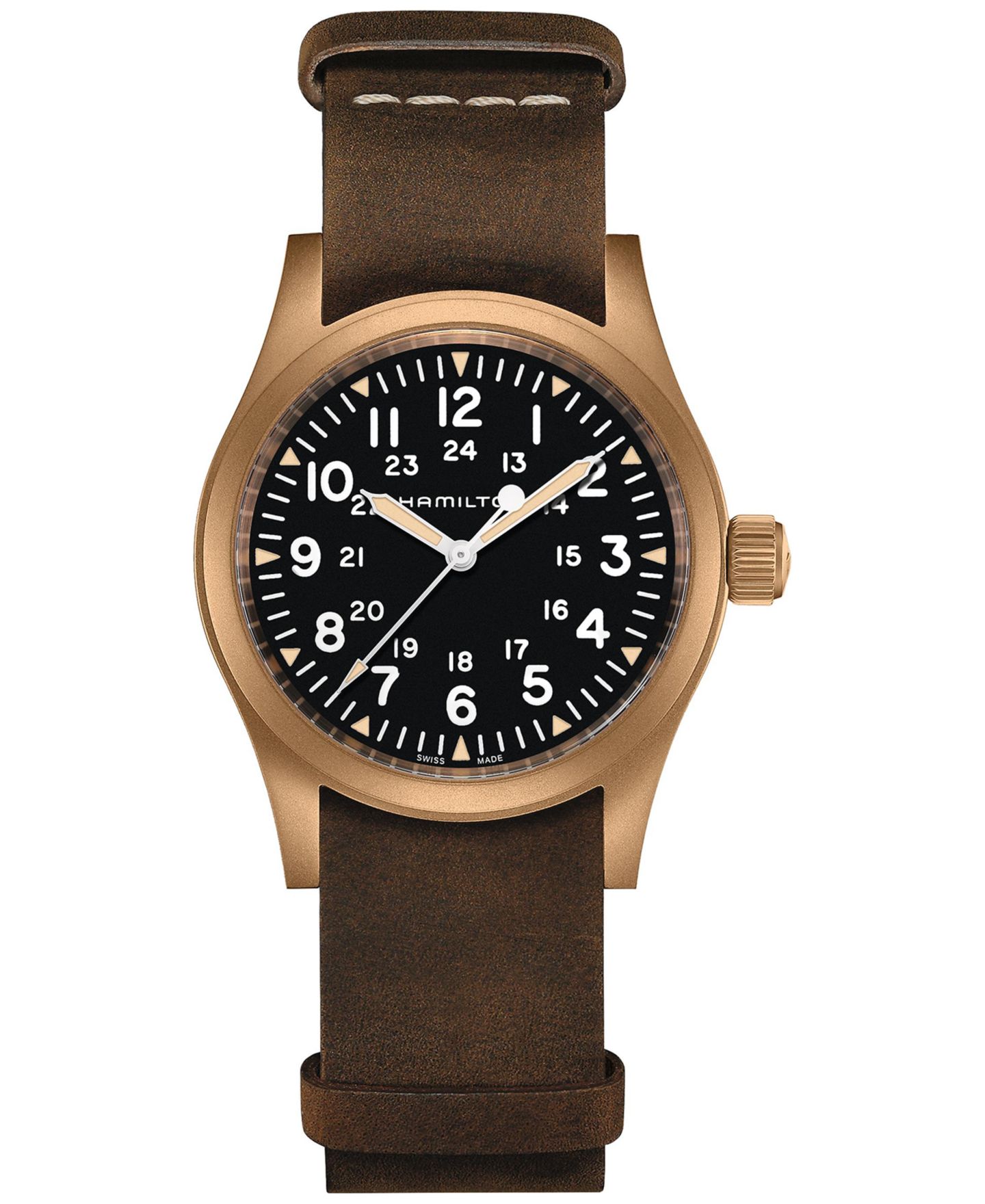 Мужские часы Hamilton Swiss Mechanical Khaki Field Brown Leather Strap Watch 38mm — фото 1