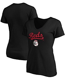 Women's Black Cincinnati Reds Team Logo Lockup V-Neck T-shirt