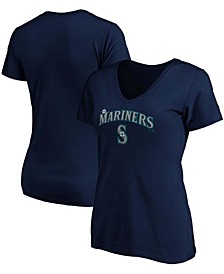 Women's Navy Seattle Mariners Team Logo Lockup V-Neck T-shirt
