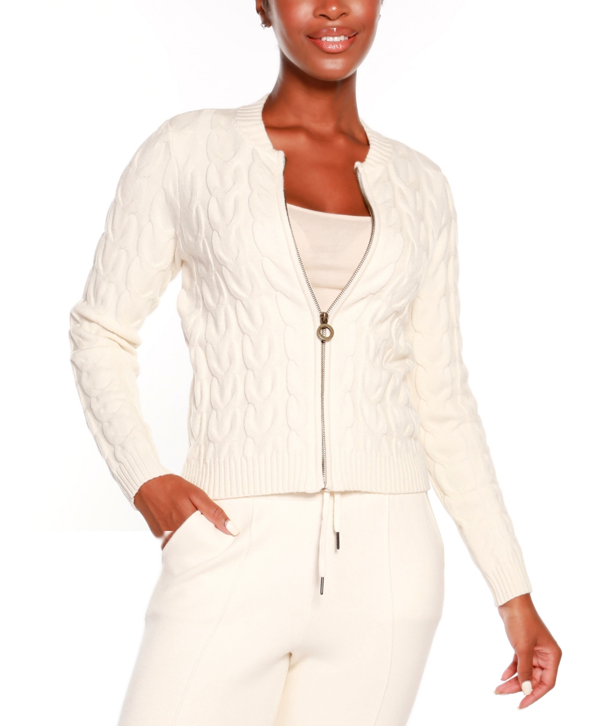 Belldini Women's Black Label Zip Cable Sweater