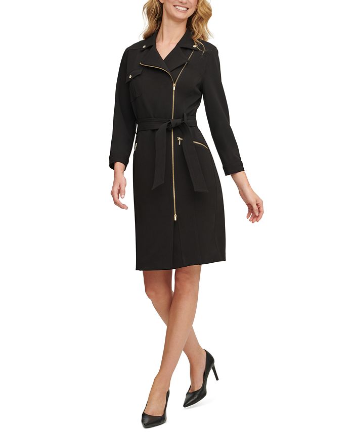 Calvin Klein Zip-Front 3/4-Sleeve Belted Coatdress & Reviews - Dresses -  Women - Macy's