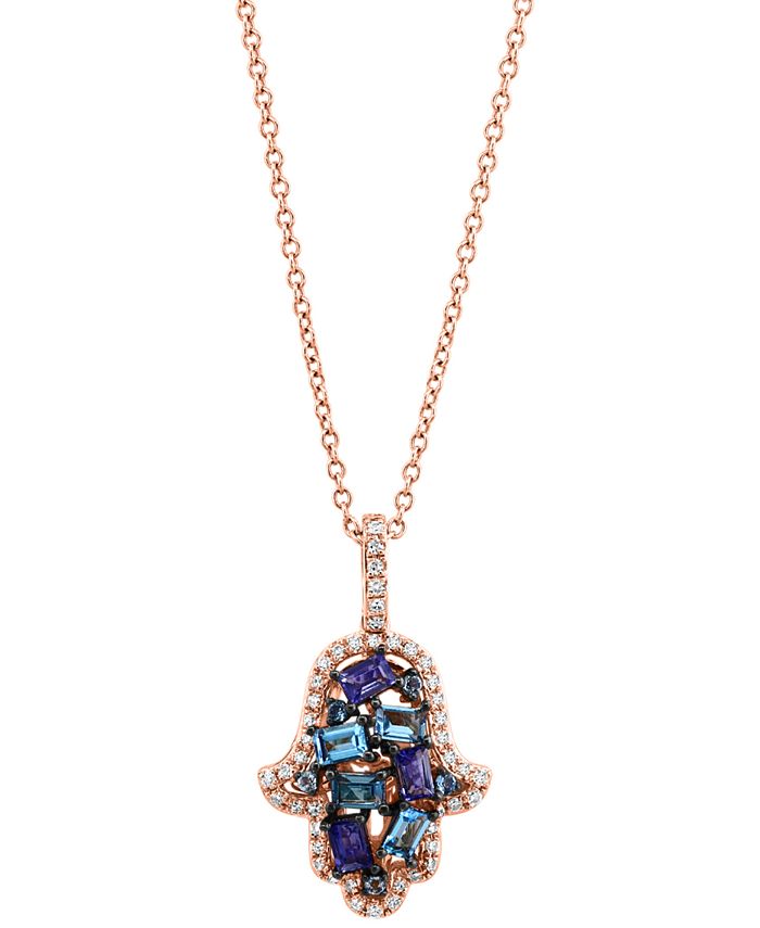 EFFY Collection - Multi-Gemstone (3/8 ct. t.w.) & Diamond (1/6 ct. t.w.) Hamsa Hand 16" Pendant Necklace in 14k Gold