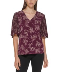 Printed Pleated Sleeve V-Neck Top