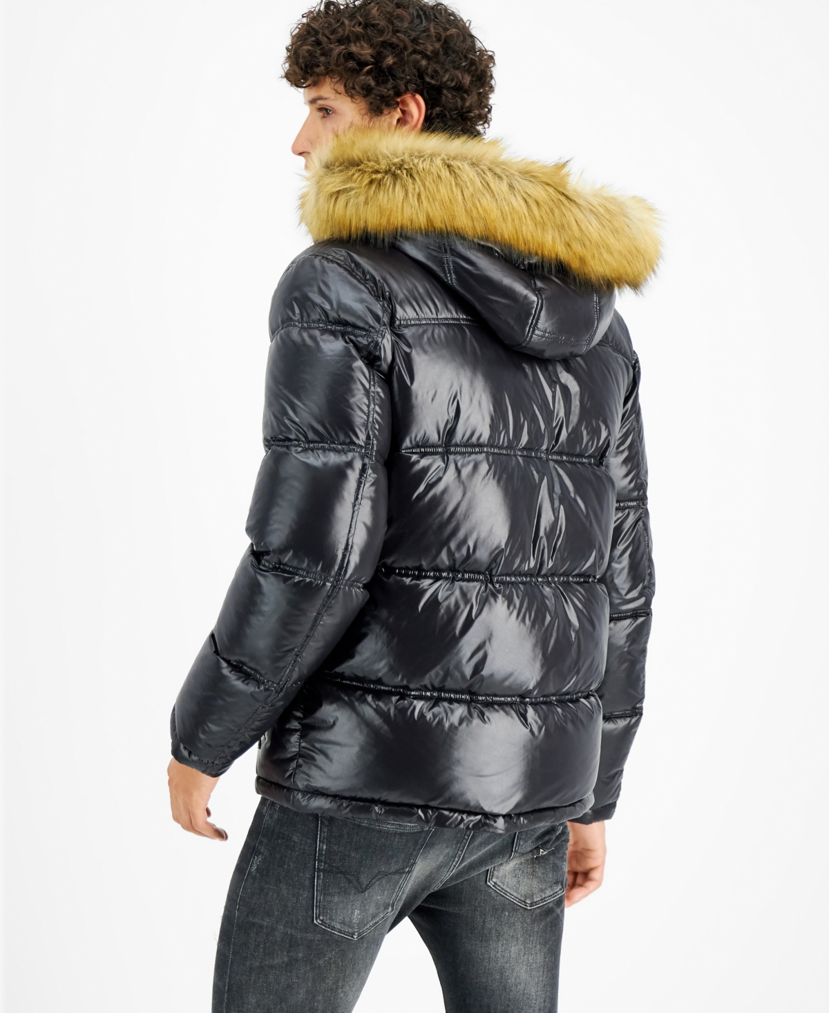 Guess Men's Puffer Jacket With Faux Fur Hood