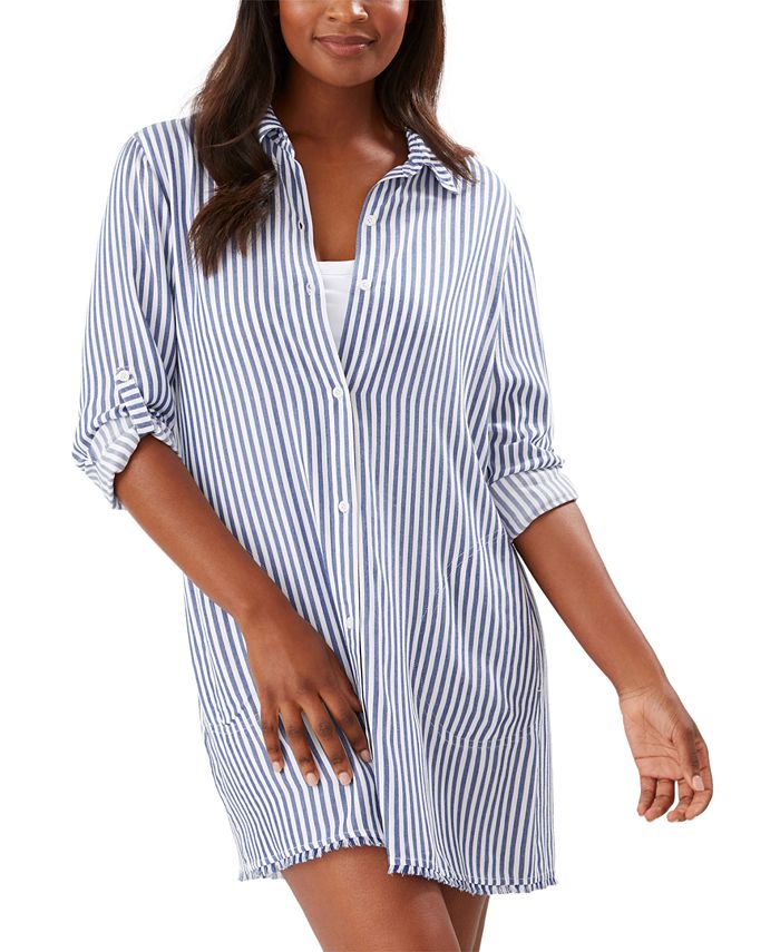 Tommy Bahama Chambray Striped Cover-Up Shirt - Macy's