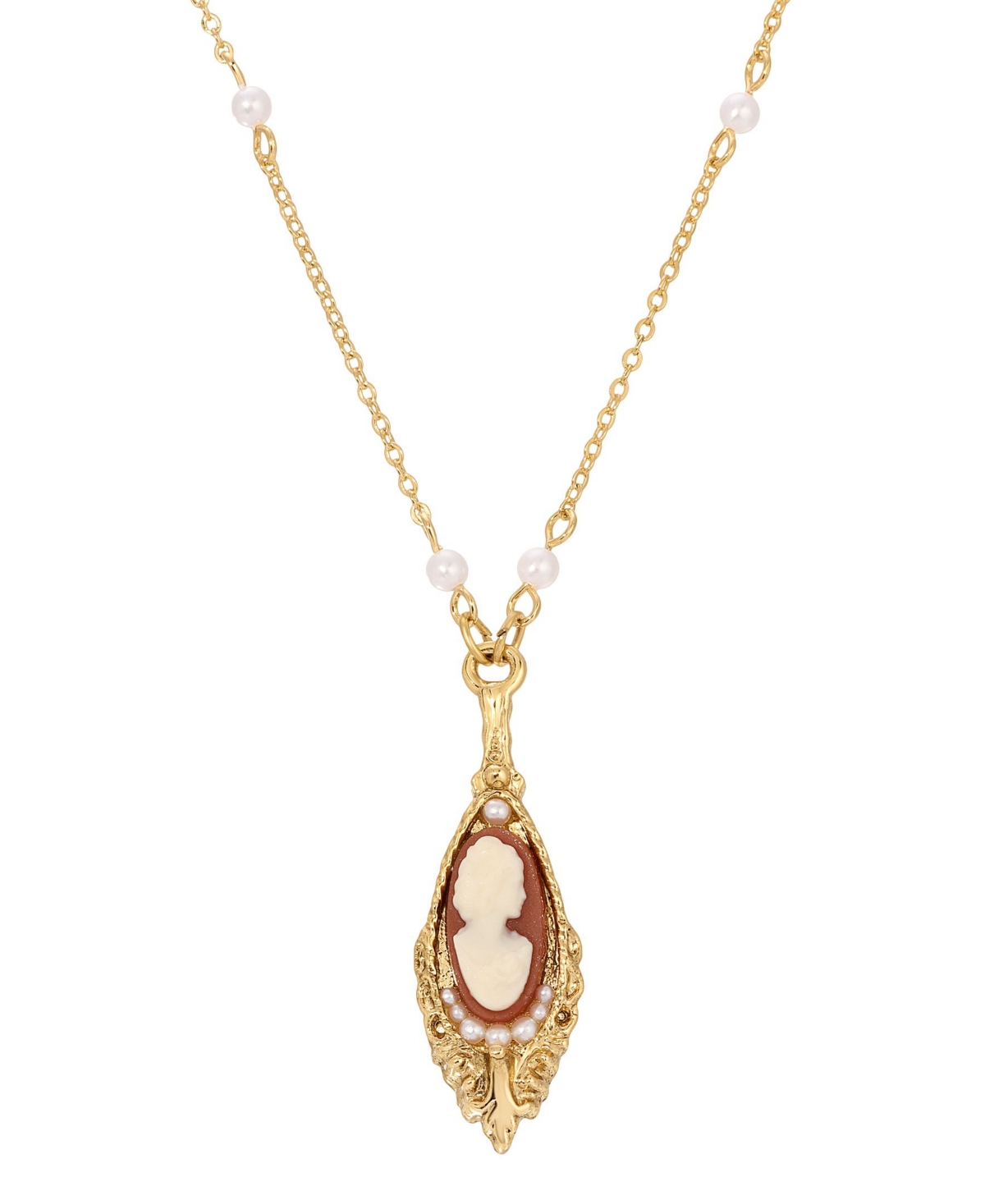 2028 14k Gold Dipped Carnelian Cameo Drop Imitation Pearl Chain Necklace