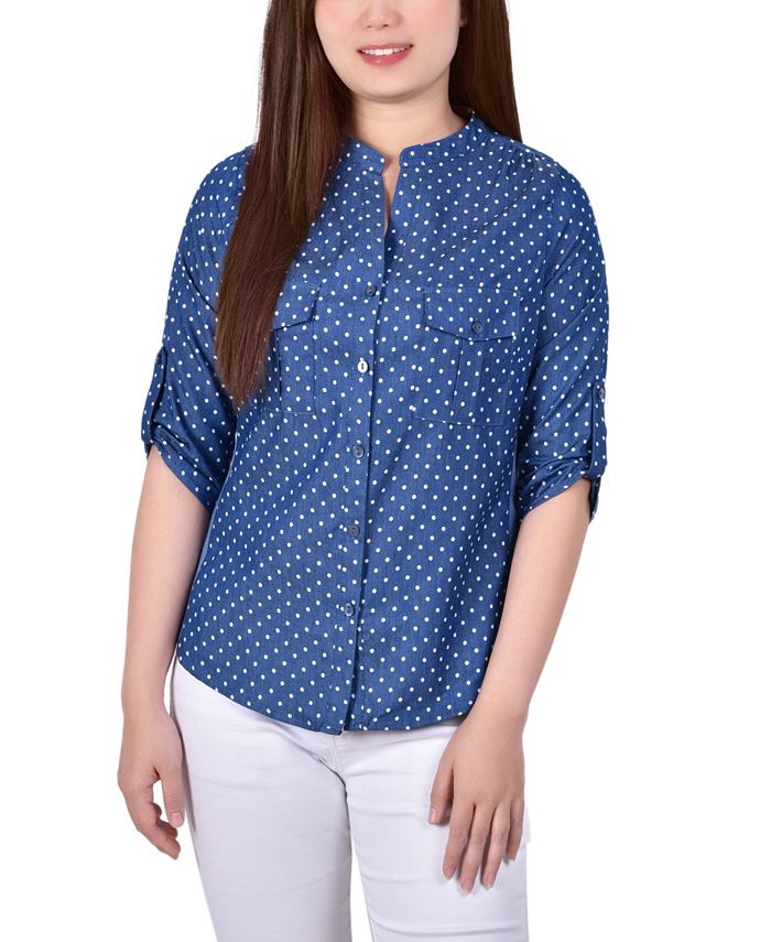 NY Collection Petite 3/4 Roll Tab Sleeve Chambray Blouse Macy's