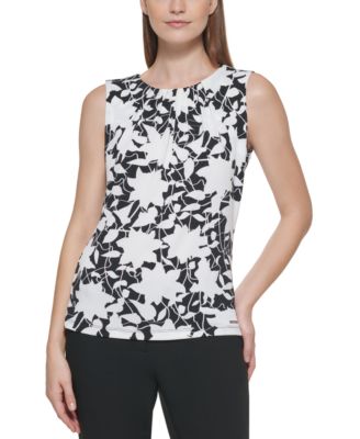 Calvin Klein Sleeveless Floral Pleat Neck Top - Macy's