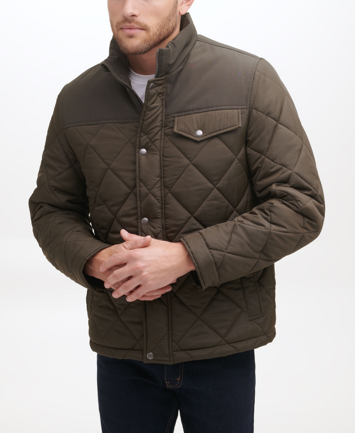 Cole Haan Men's Mixed Media Diamond Quilt with Faux Sherpa Lining Coat