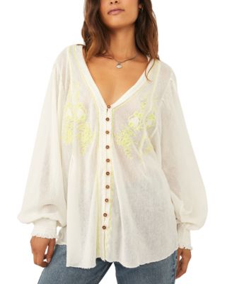 Free People - Margie Embroidered Button-Front Cotton Top