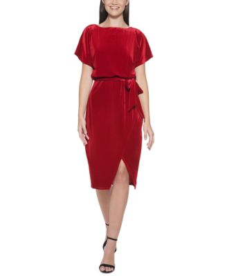 Photo 1 of kensie Stretch-Velvet Boatneck Tie-Waist Sheath Dress