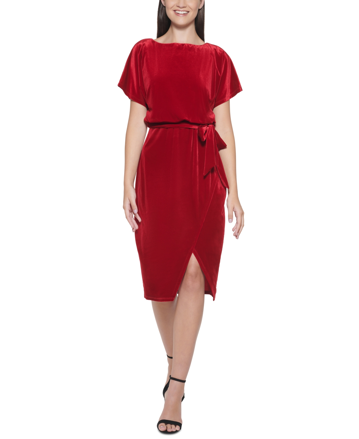 Kensie Stretch-velvet Boatneck Tie-waist Sheath Dress In Red