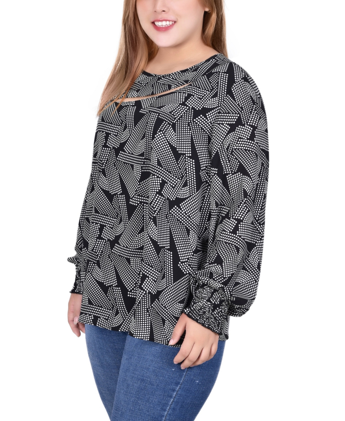 Ny Collection Plus Size Long Sleeve Blouse With Neckline Cutout -White Geo
