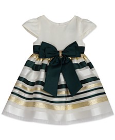 Baby Girls Satin Cap Sleeve Bodice to Burnout Striped Organza Skirt and Satin Wasitband and Bow Detail
