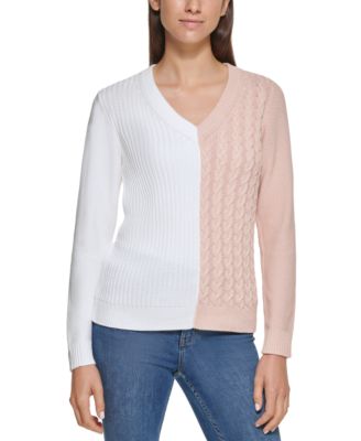 Calvin Klein - Colorblocked Mixed Knit V-Neck Sweater