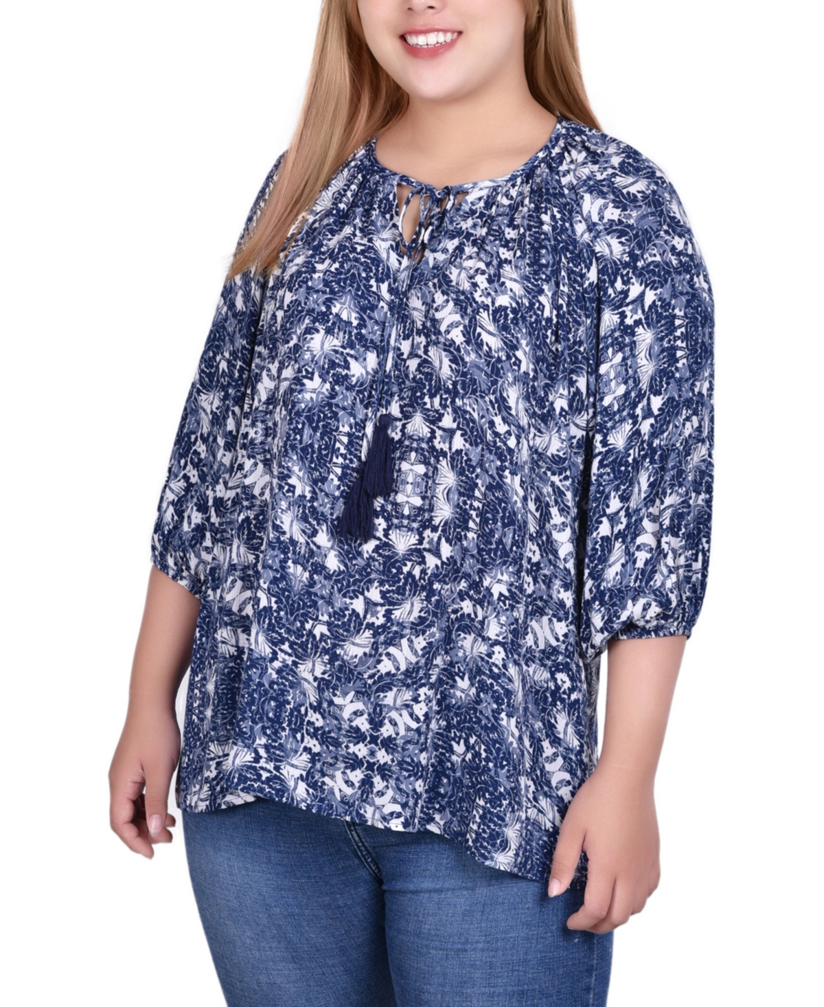 Plus Size 3/4 Sleeve Peasant Top with Tie Neckline - Navy Skyterrace