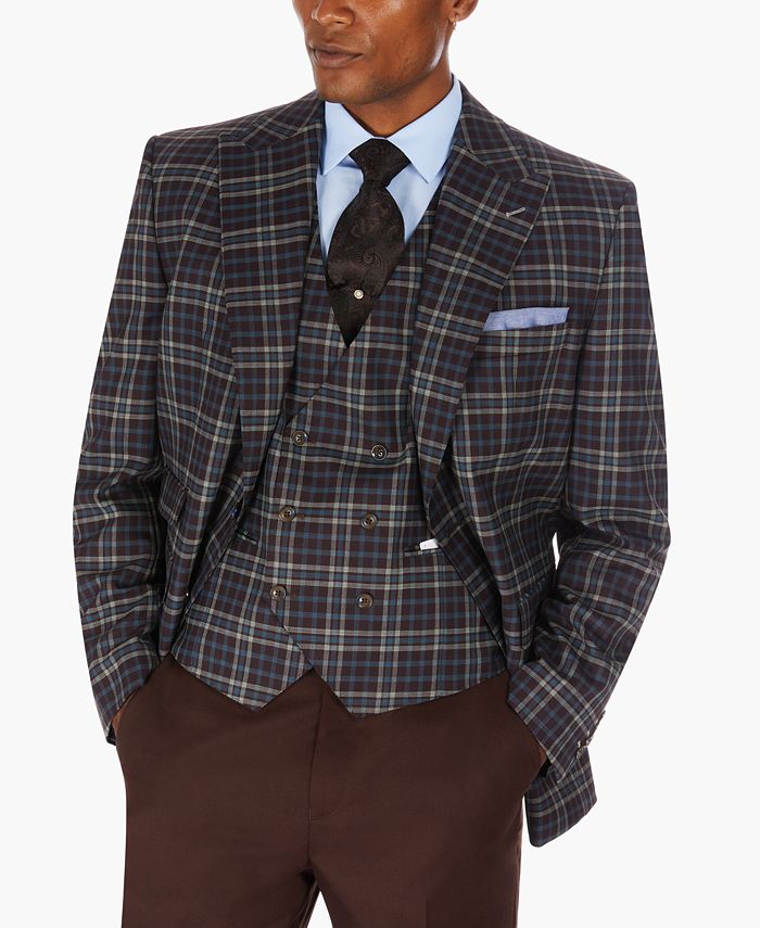 Tayion Collection Men's Classic Fit Brown & Gray Plaid Suit Separate