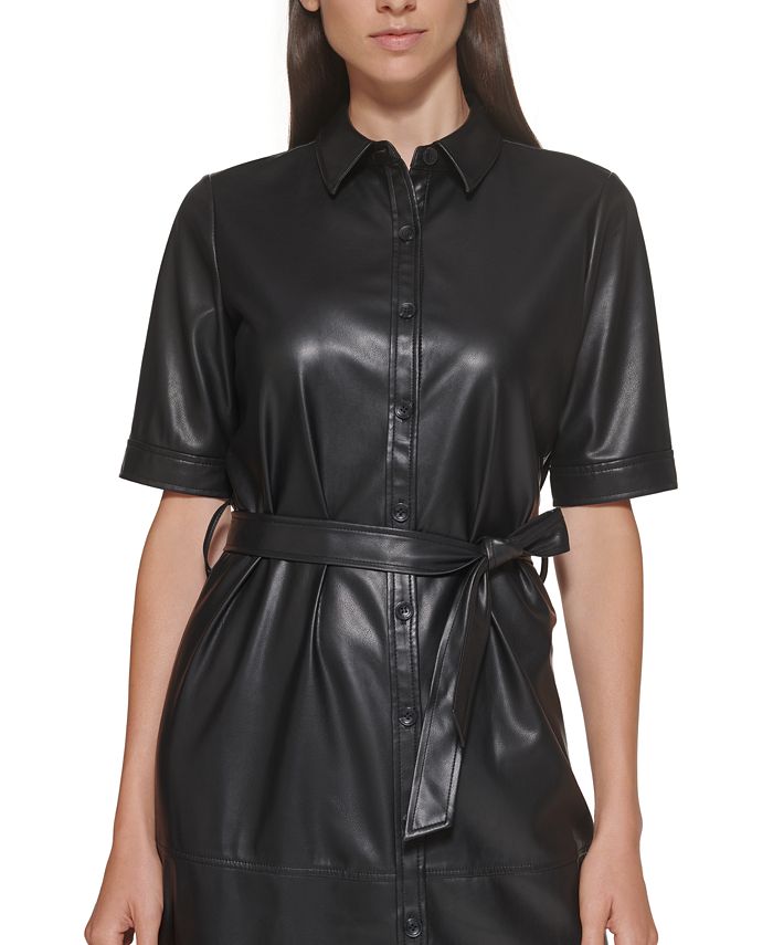 Calvin Klein Belted Faux-Leather Shirtdress - Macy's