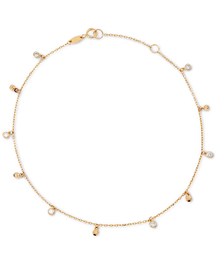 Macy's Cubic Zirconia Bezel & Bead Dangle Ankle Bracelet in 10k Gold - Macy's