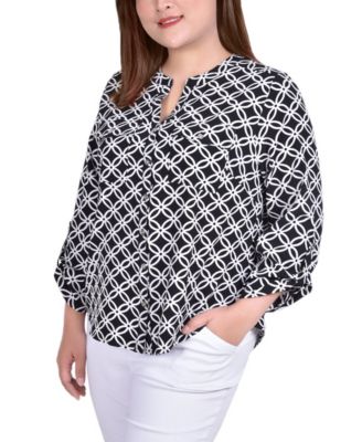 Plus Size 3/4 Sleeve Roll Tab Y Neck Blouse