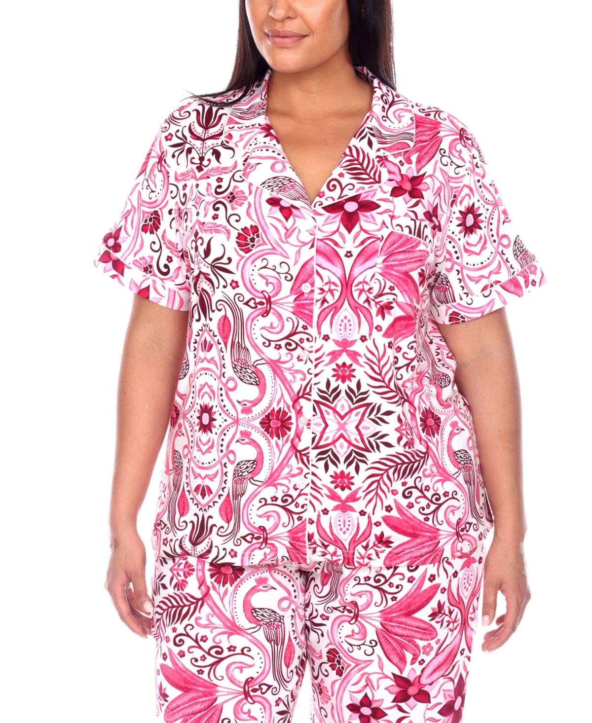 Shop White Mark Plus Size Short Sleeve Pants Tropical Pajama Set, 2-piece In White,pink