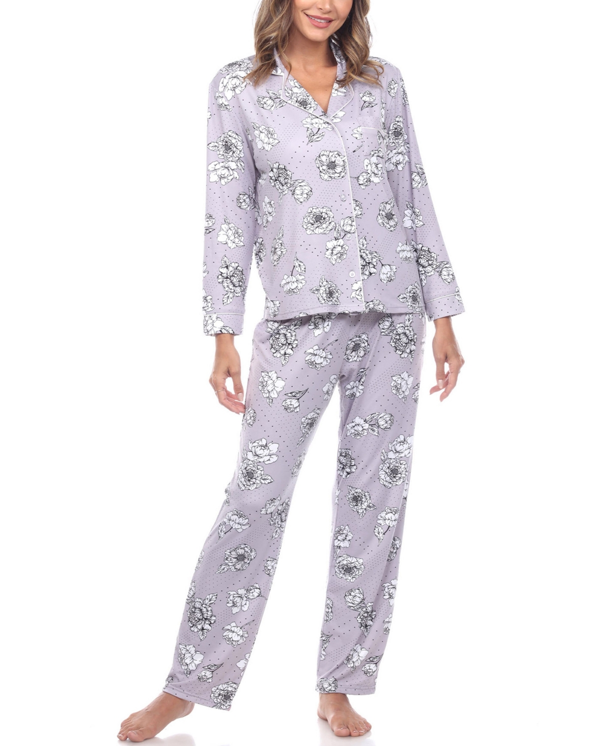 Women's Long Sleeve Floral Pajama Set, 2-Piece - Gray