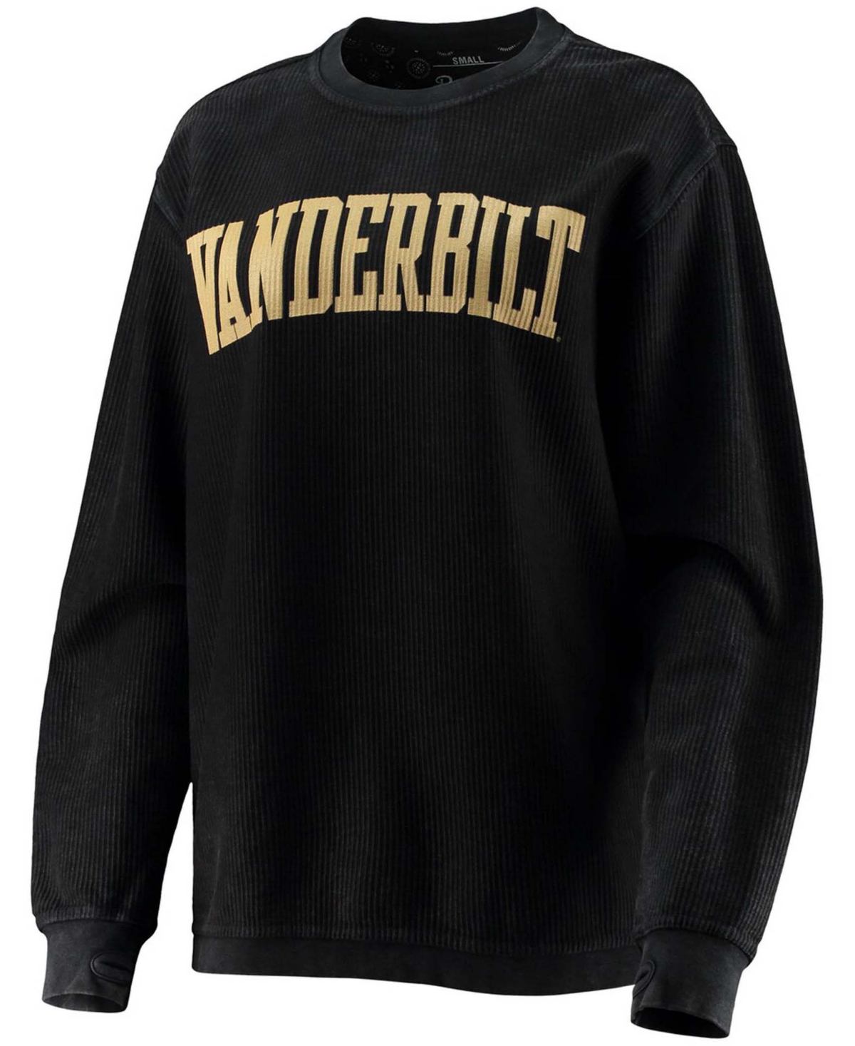 PRESSBOX WOMEN'S BLACK VANDERBILT COMMODORES COMFY CORD VINTAGE-LIKE WASH BASIC ARCH PULLOVER SWEATSHIRT 