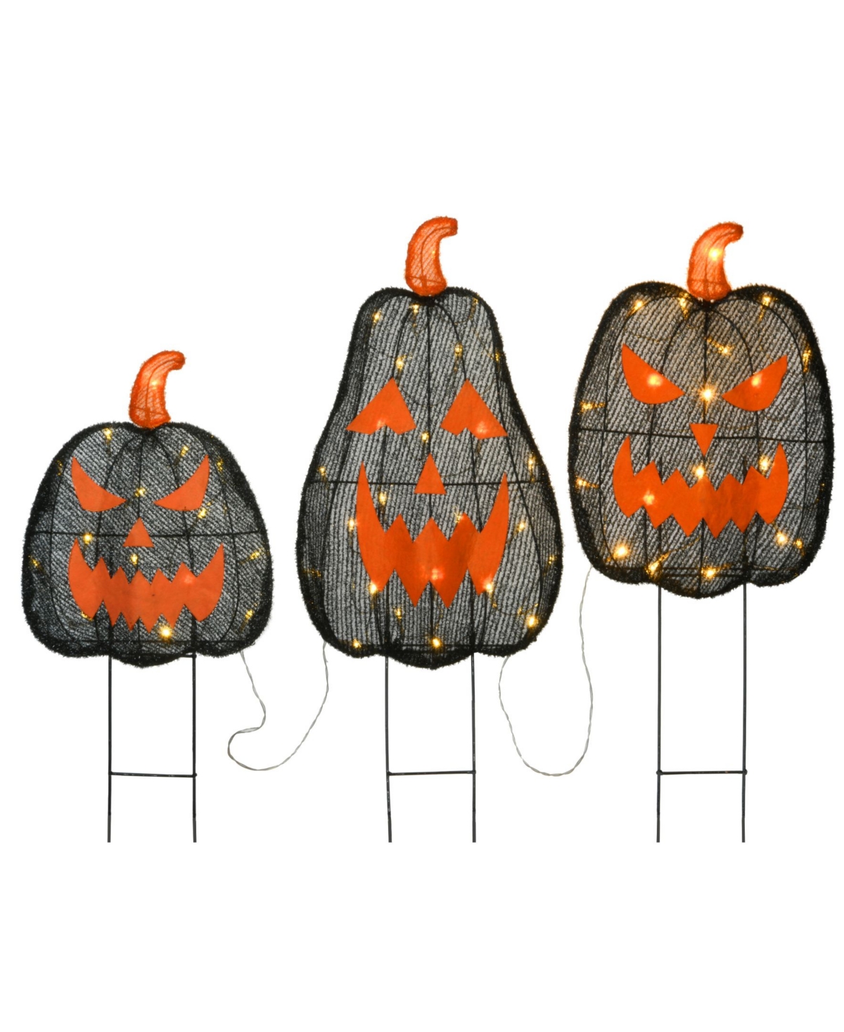 35" Pre-Lit Jack-o-Lantern Garden Stakes, Set of 3 - Black