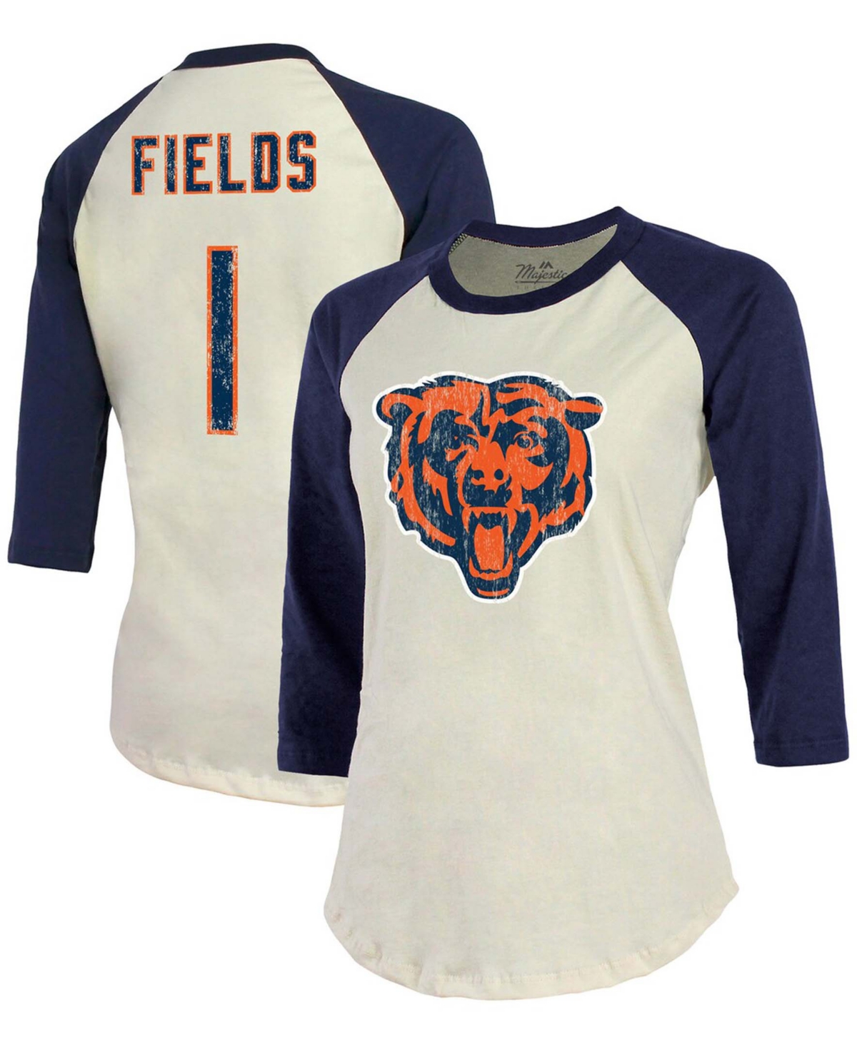 Women's Justin Fields Cream, Navy Chicago Bears Player Name Number Raglan 3/4 Sleeve T-shirt - Cream, Navy