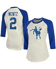 Women's Carson Wentz Cream, Royal Indianapolis Colts Player Name Number Raglan 3/4 Sleeve T-shirt