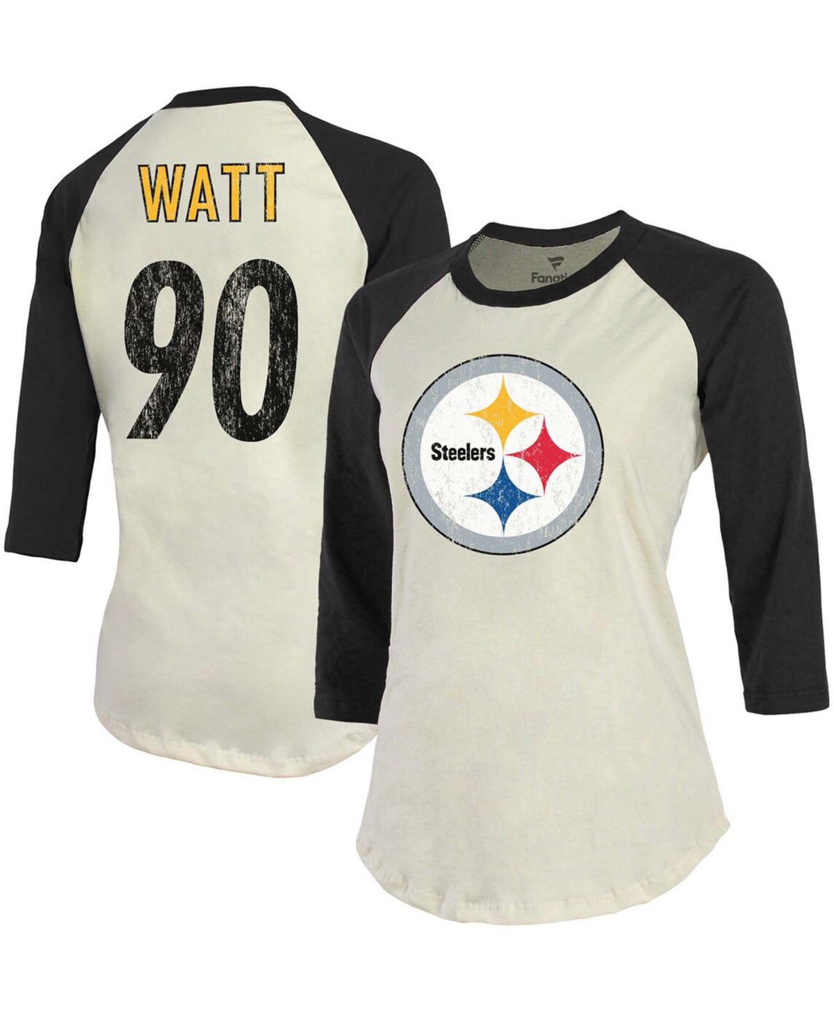 Fanatics Women's T.j. Watt Cream, Black Pittsburgh Steelers Player Raglan Name Number 3/4 Sleeve T-shirt In Cream,black