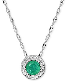 Emerald (1/3 ct. t.w.) & Diamond (1/20 ct. t.w.) Halo 18" Pendant Necklace in 14k White Gold
