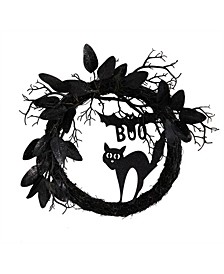 22" Halloween Black Cat and Bat Boo Twig Wreath