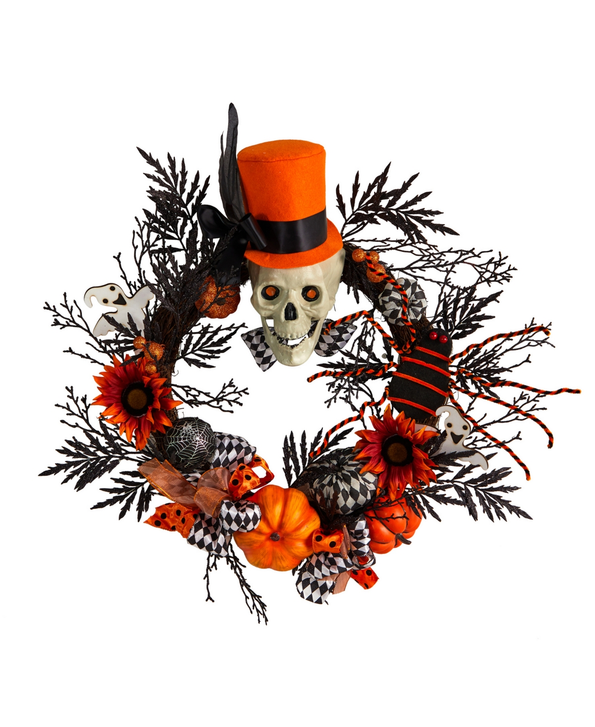 Nearly Natural 30" Spider And Skull With Top Hat Halloween Wreath In Orange
