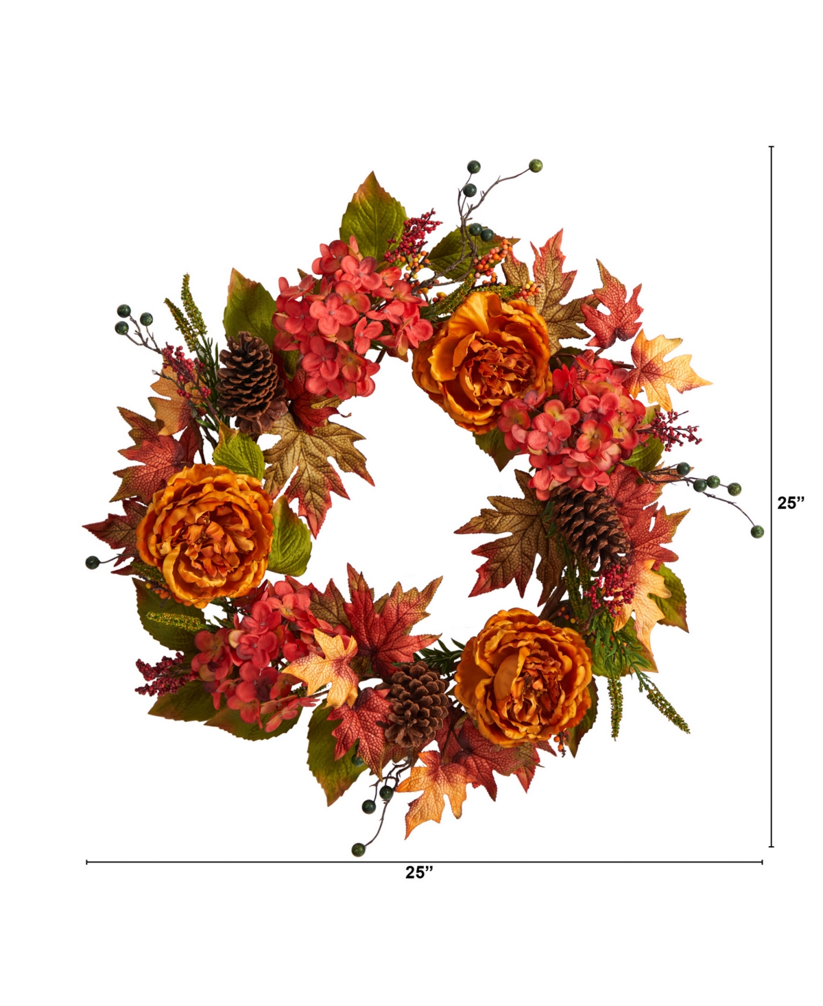 Nearly Natural 25" Fall Ranunculus, Hydrangea And Berries Autumn Artificial Wreath In Orange
