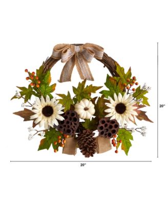 20" Autumn Sunflower, White Pumpkin and Dried Lotus Pod Artificial Fall Wreath with Decorative Bow