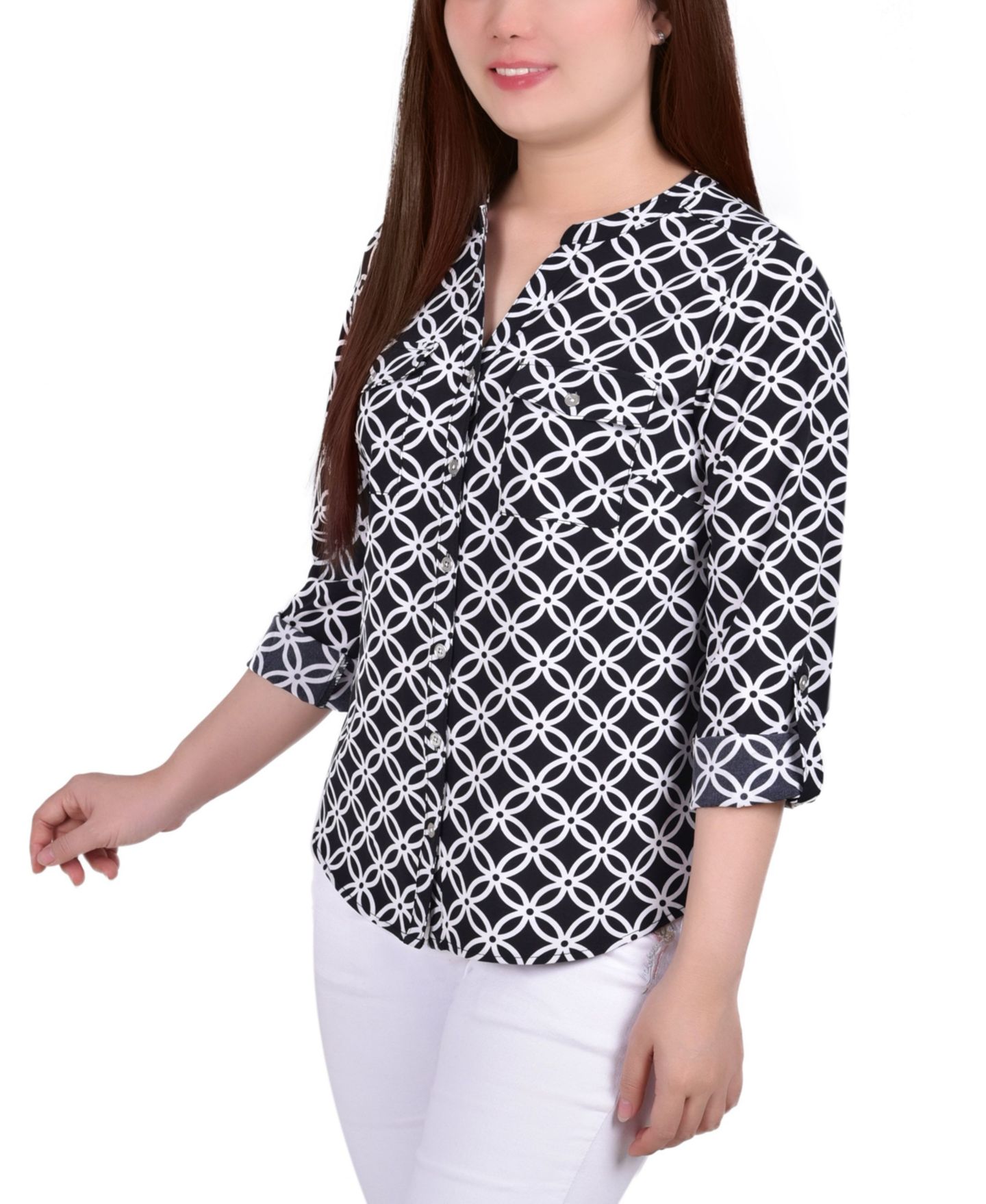 Женская блузка NY Collection 3/4 Roll Tab Sleeve Mandarin Collar, цвет: Чёрный белый — фото 3
