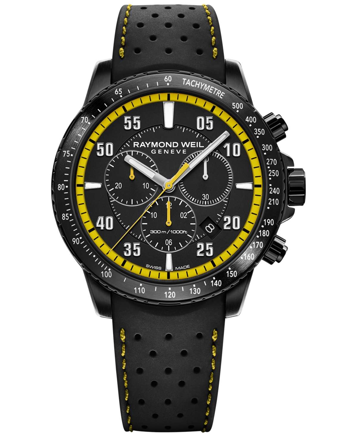 Shop Raymond Weil Men's Swiss Chronograph Tango Black Perforated Rubber Strap 43mm