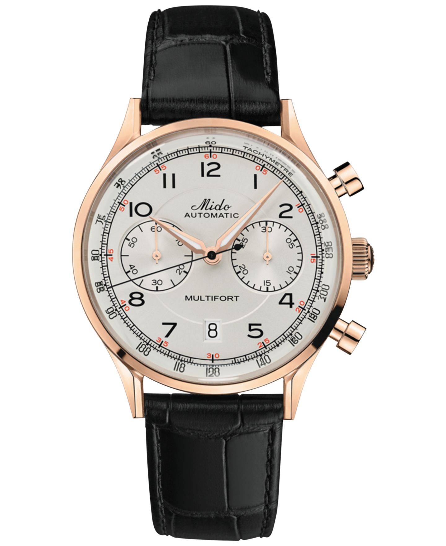 Мужские часы Mido Swiss Automatic Chronograph Multifort Black Leather Strap Watch 42mm — фото 1