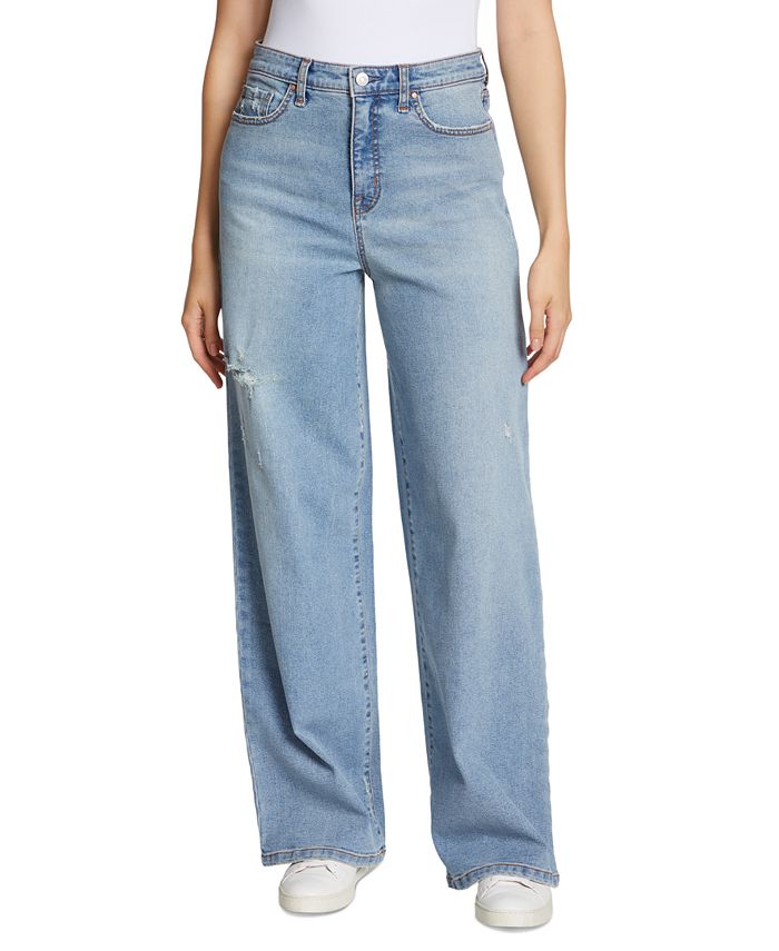 Frayed Denim High-Rise Wide-Leg Jeans - Macy's