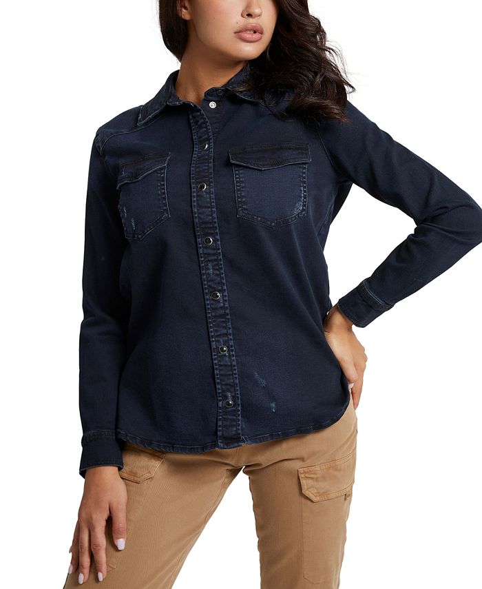 Button-Down Long-Sleeve Distressed Western Shirt & Reviews - Tops - Women - Macy's