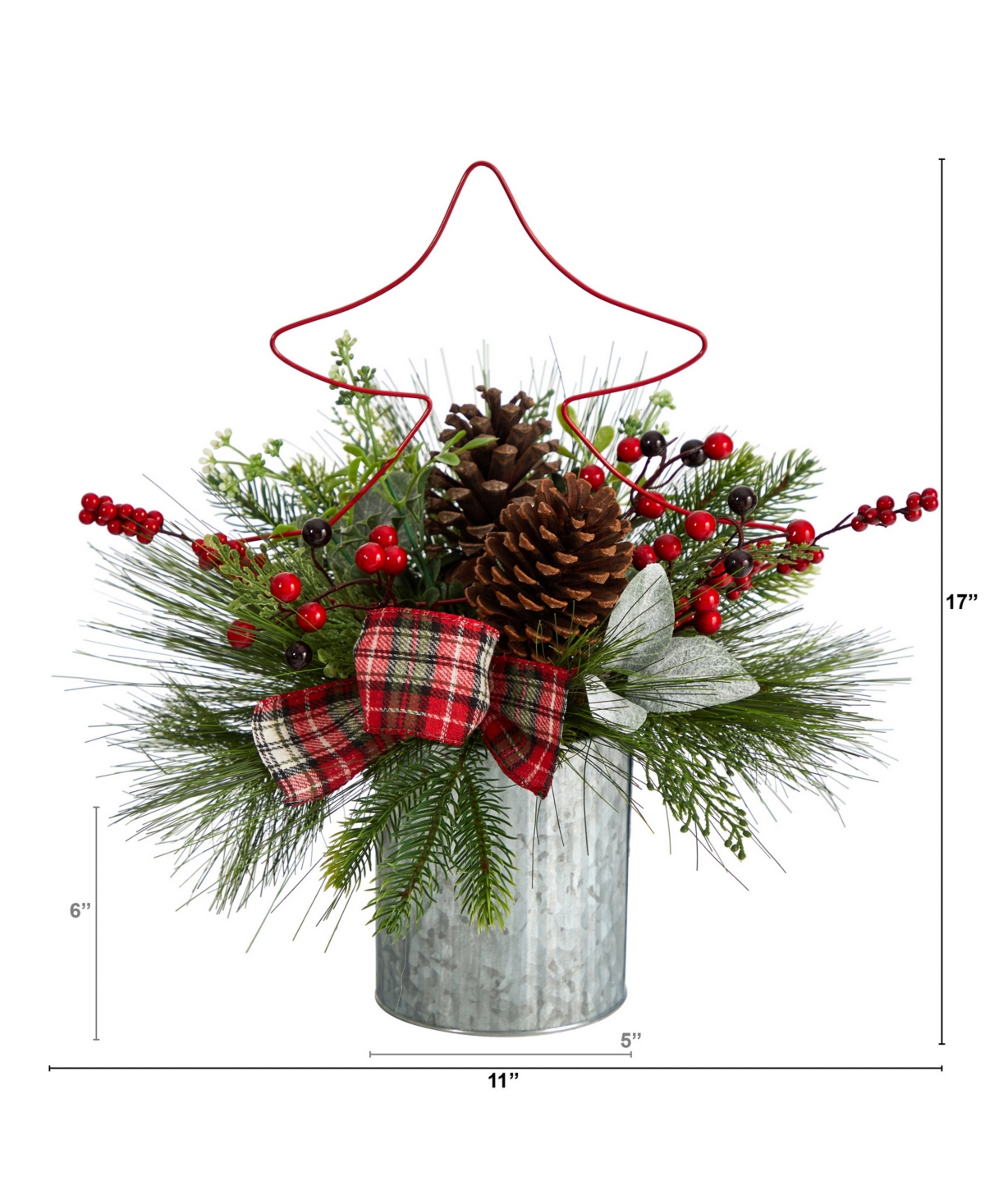 Pinecone and Berries Artificial Christmas Arrangement with Decorative Metal Vase and Wire Christmas Tree,