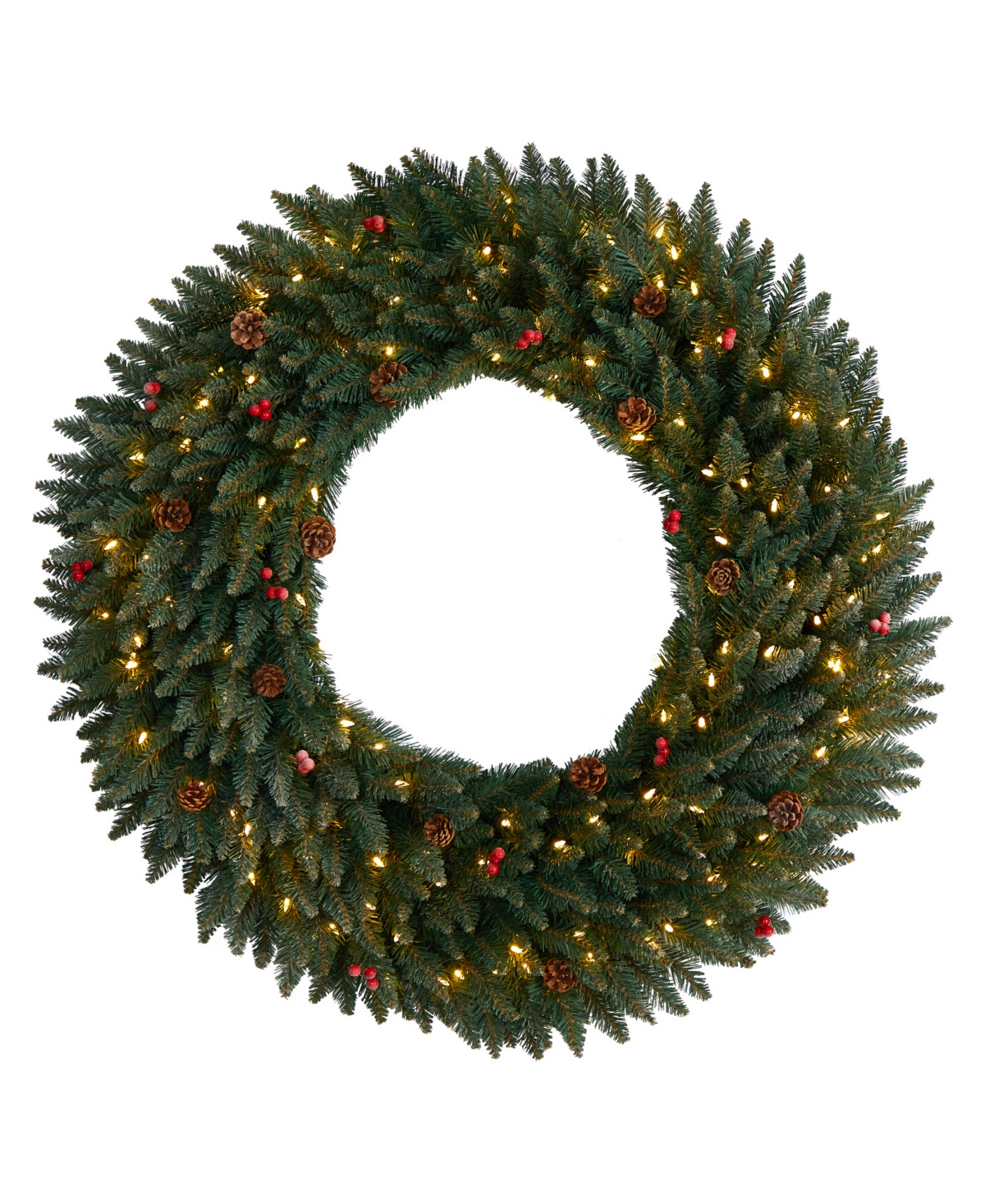 Large Flocked Artificial Christmas Wreath with Pinecones, Berries, 150 Clear Led Lights and 400 Bendable Branches, 4'