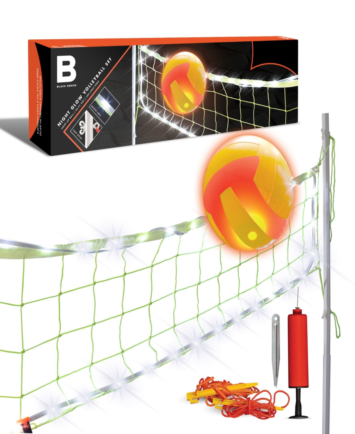 Black Series Night Glow Volleyball Set, Led Light-up Ball And Stand Up Net In Open Miscellaneous